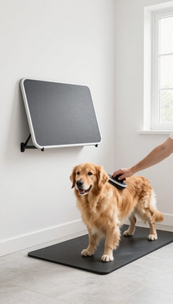 A dog standing on a wall-mounted fold-down grooming table in a bright utility room, being brushed by a person.