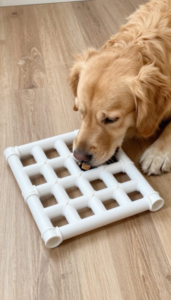 Dog sniffing treats inside a DIY PVC pipe puzzle toy on a hardwood floor