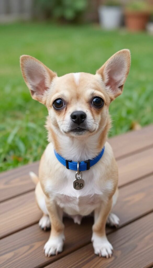 Tiny Chihuahua puppy with collar and name tag Pip in sunny outdoor setting