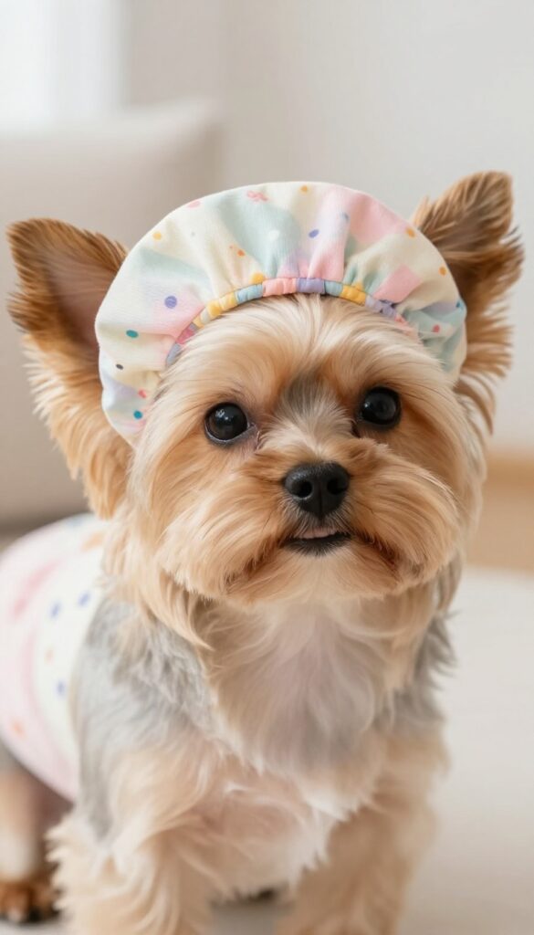 A small fluffy dog with a patterned headband behind its ears, keeping hair off its face.