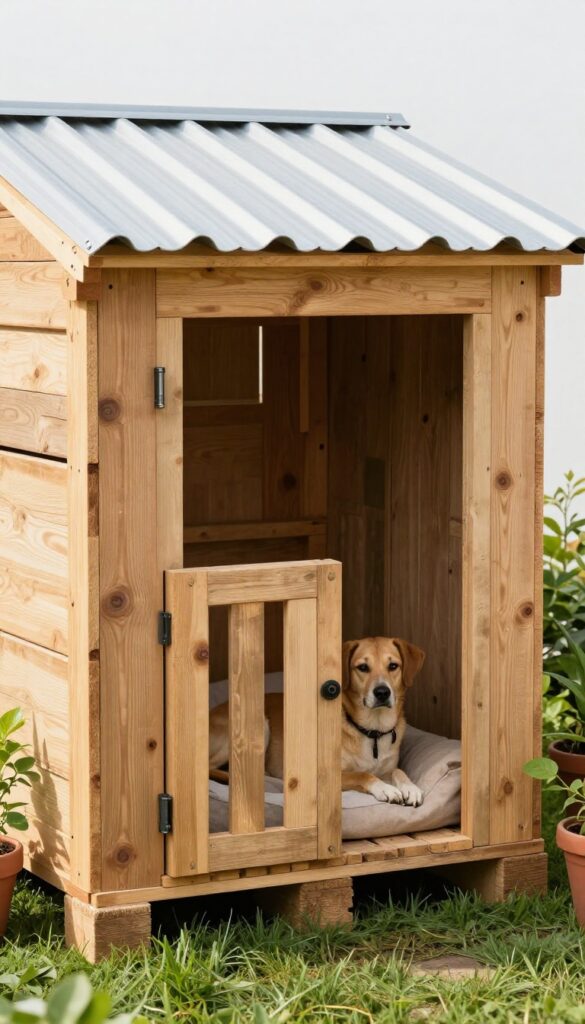 Repurposed wood pallet dog kennel in a backyard with a dog lounging inside