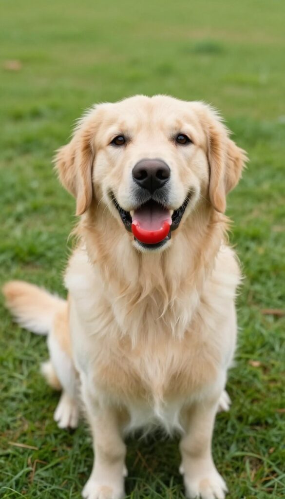 Golden retriever looking up happily at a red toy held above the camera, bright outdoor light, candid pet photography