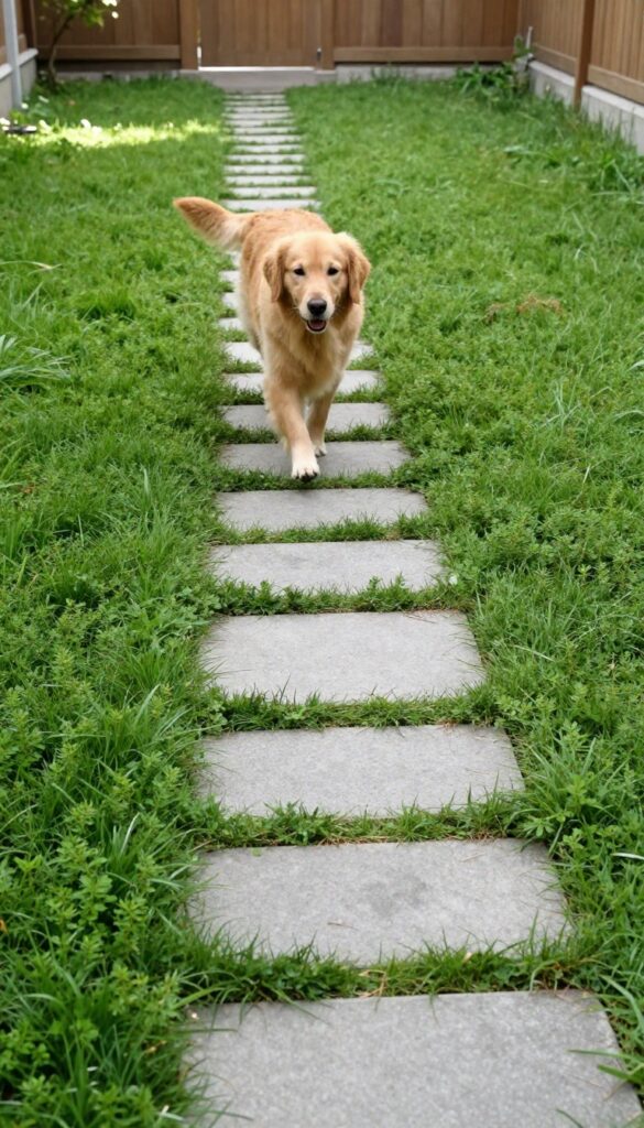 Golden retriever walking on paver stone path with grass gaps in narrow side yard