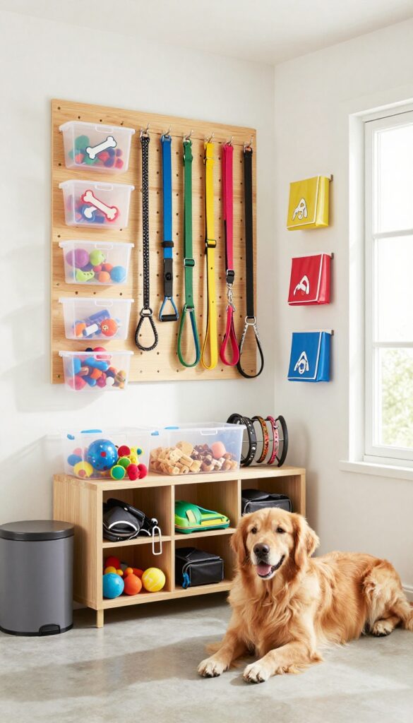 Organized garage dog gear wall with pegboard, hooks, labeled bins, trash can, and a dog resting on a bed.