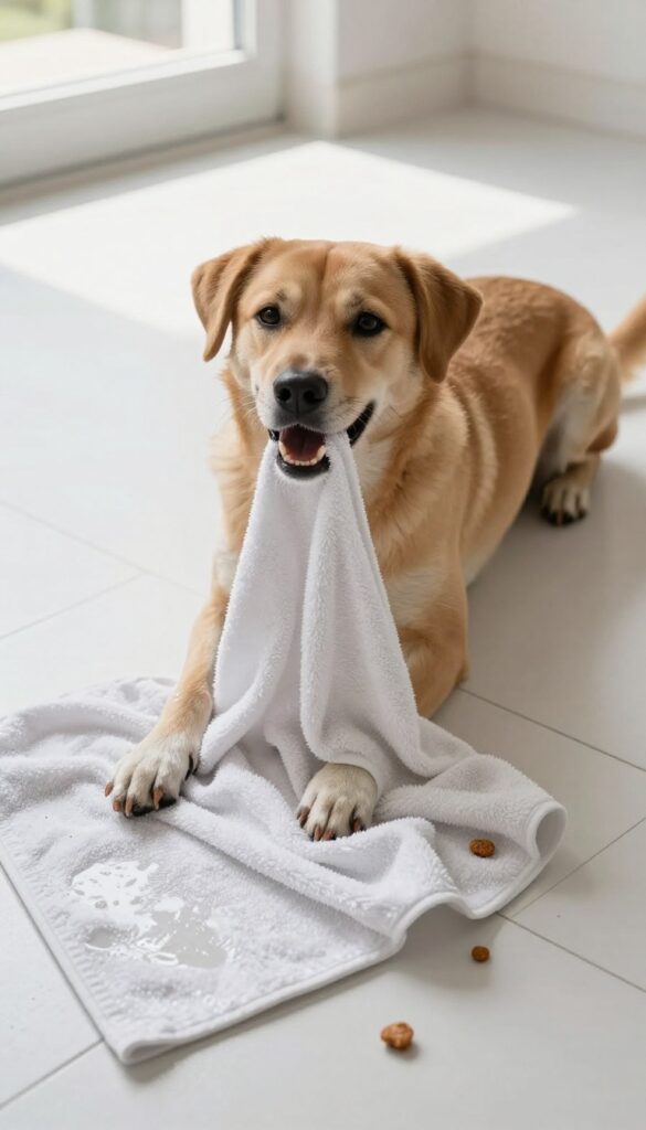 Dog unrolling a frozen towel on a tile floor with treats scattered around