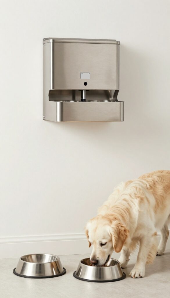 A dog eating from a wall-mounted feeding station in a clean kennel.