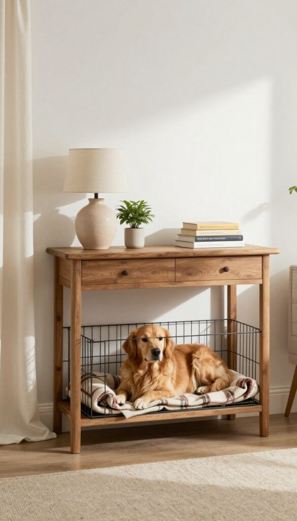 A repurposed console table with a wire dog crate underneath, partially hidden by a curtain, with decor items on top and a dog resting inside.