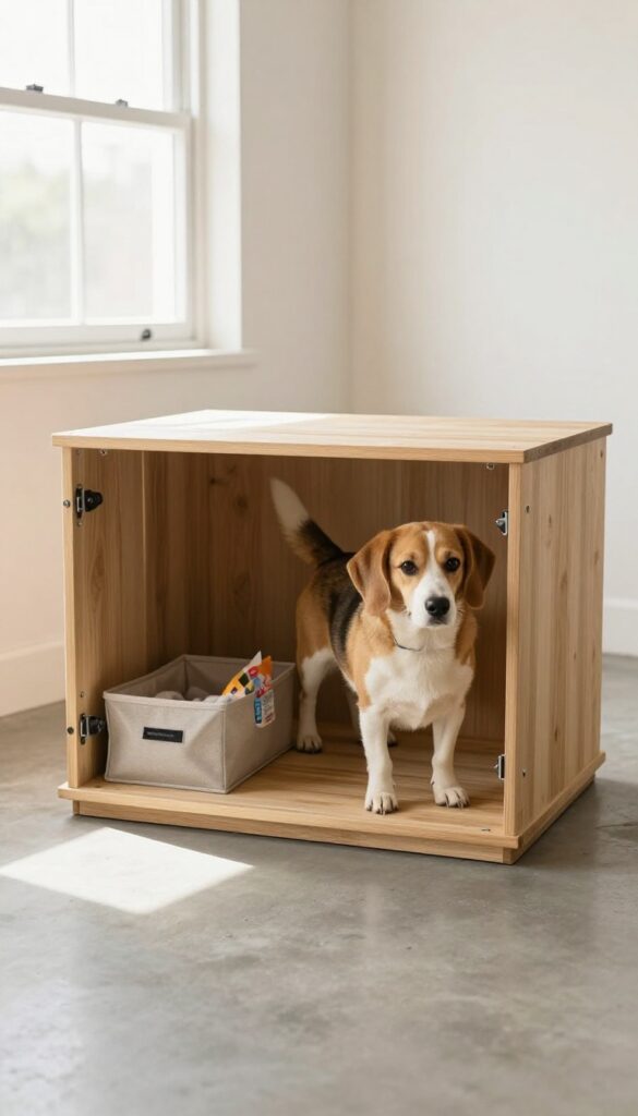 Elevated dog crate with under-bed storage bins in a clean garage, featuring a platform with pull-out bins for blankets and food.