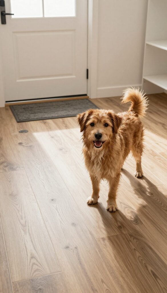 Mud room with slip-resistant luxury vinyl plank floor, wet dog, and floor drain