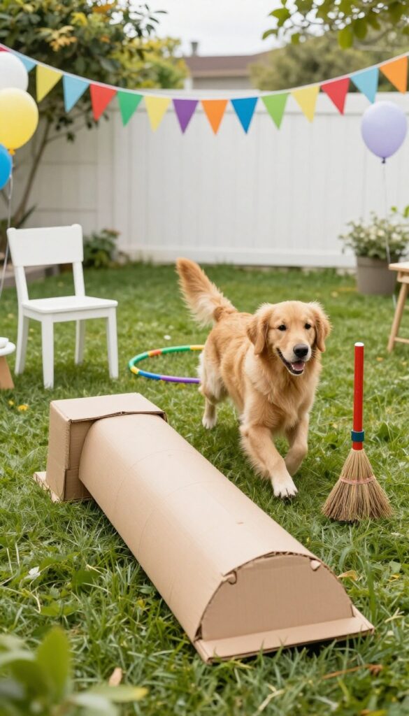 Dog jumping over broomstick in backyard agility course with hula hoop and cardboard tunnel