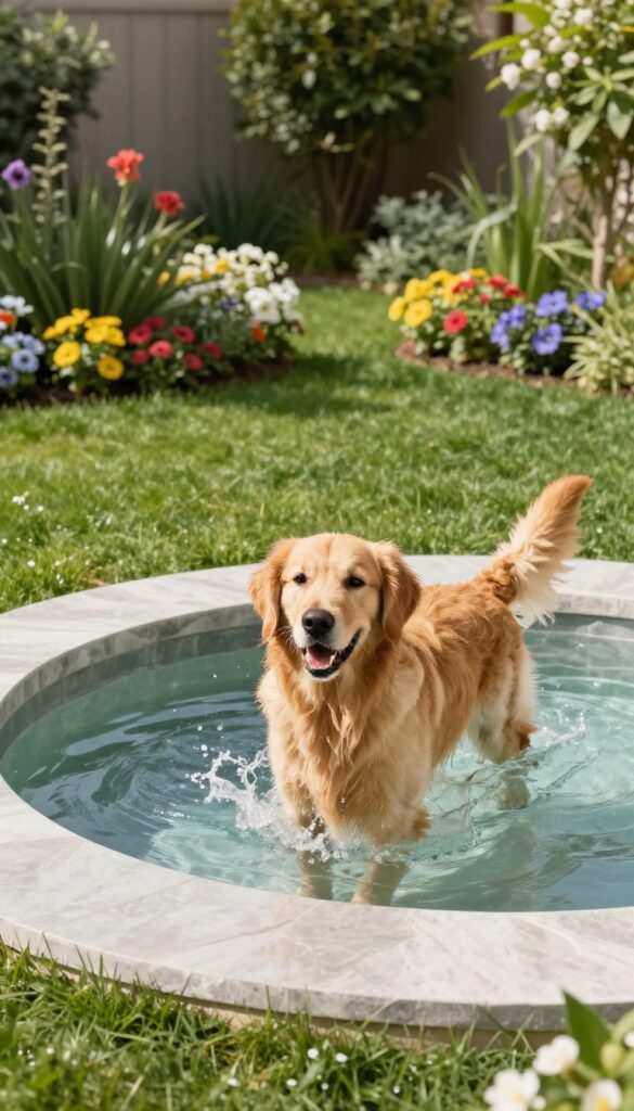 Golden retriever splashing in a shallow stone fountain in a sunny backyard
