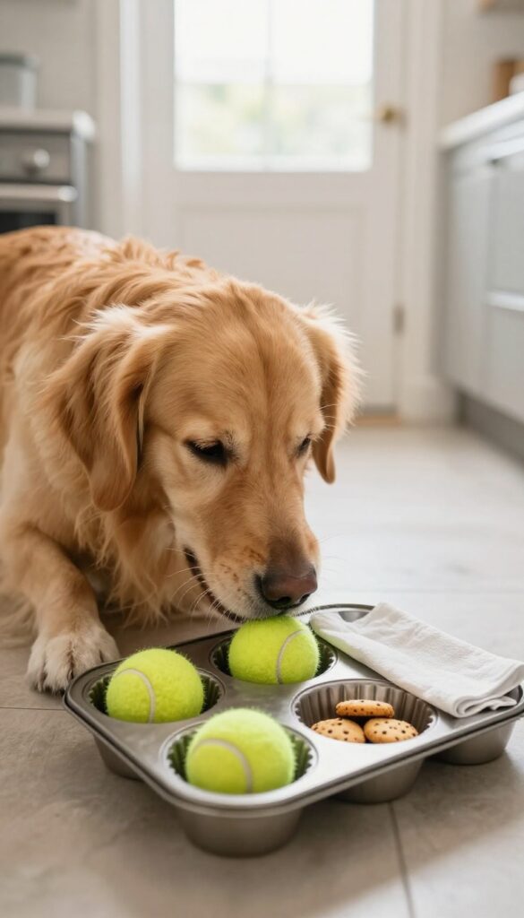 Dog sniffing muffin tin game with tennis balls and treats on kitchen floor
