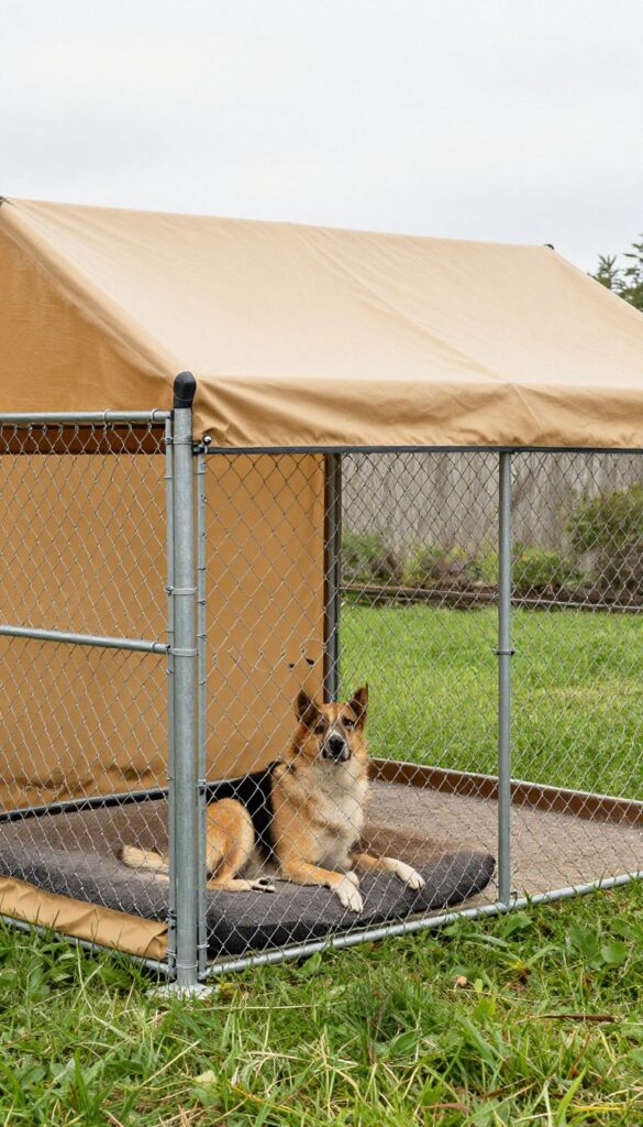 DIY tarp canopy over a dog kennel, creating a dry outdoor shelter with a sloped roof and bungee cord ties.