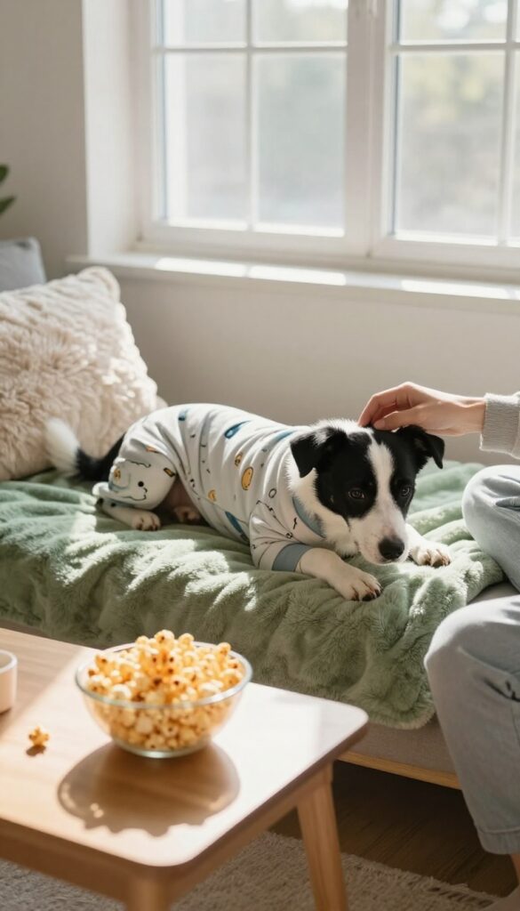 Dog in pajamas on a blanket fort during a pajama and movie night birthday party