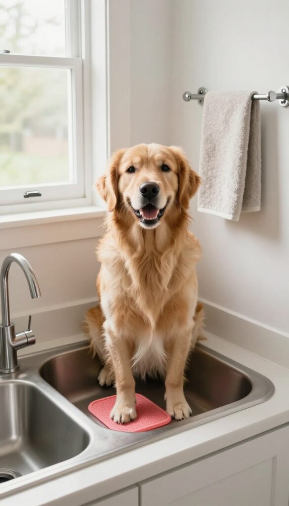 Low-mounted paw cleaning station with a golden retriever standing in the basin