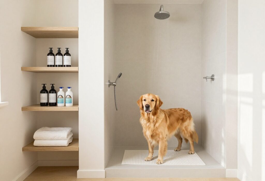 A golden retriever standing in a tiled utility room dog shower with a handheld sprayer and organized shelves.