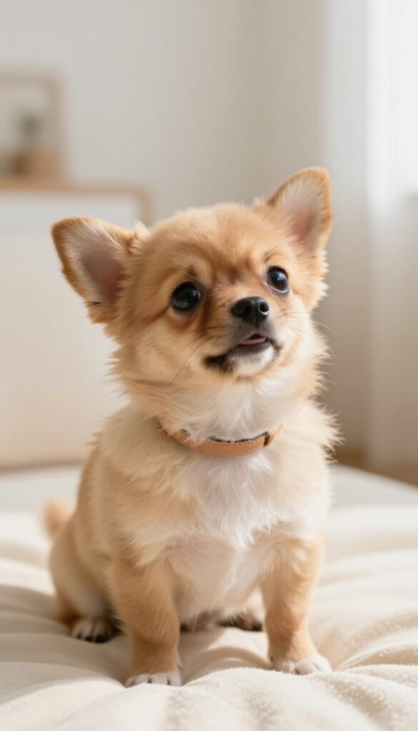 Tiny playful puppy with tan fur wearing a light collar, sitting on a cream blanket in natural sunlight.