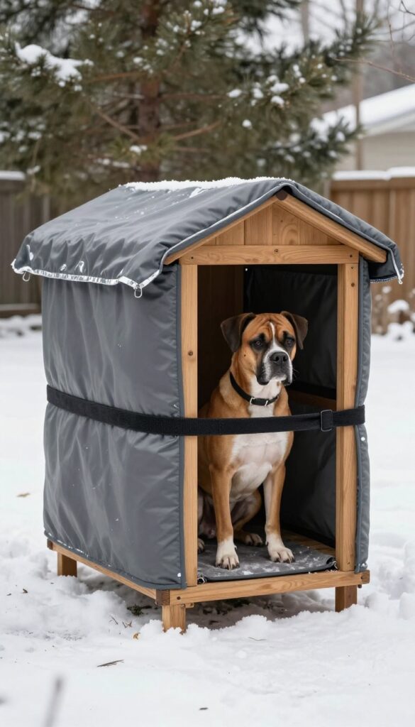 Insulated dog kennel cover in snowy backyard with Boxer dog inside