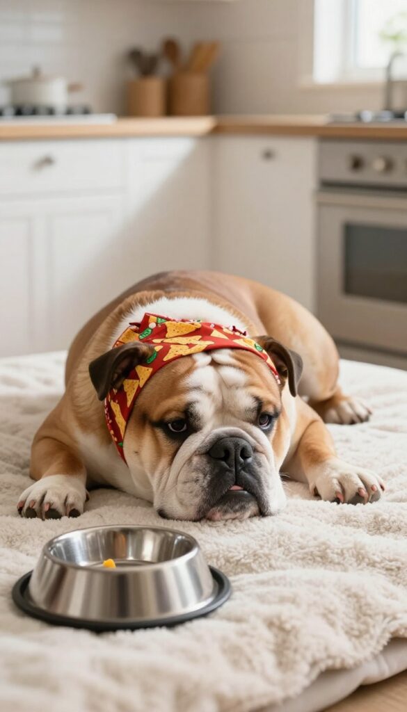 A laid-back bulldog wearing a nacho-patterned bandana on a fleece bed in a sunny kitchen.
