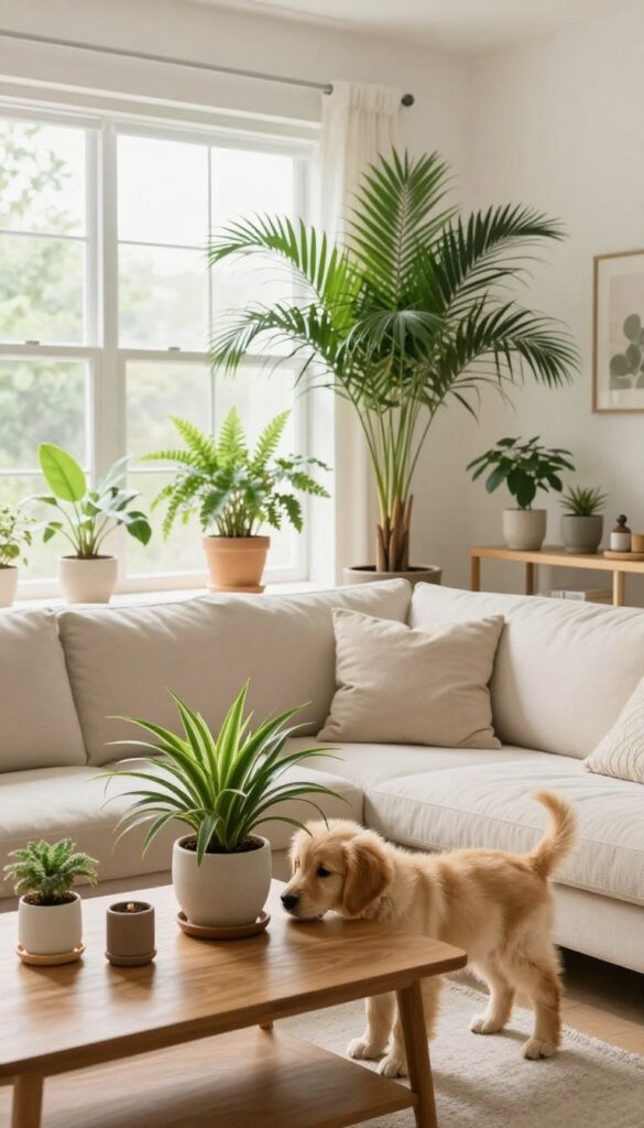 Pet-safe houseplants like spider plants and ferns in a stylish living room with a curious dog sniffing them.