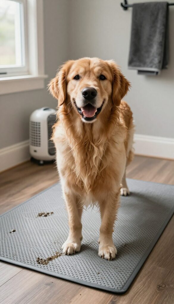 Golden Retriever standing on absorbent mat in bright mudroom with pet dryer and towel hook