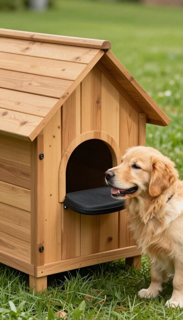 Golden retriever pushing through an insulated door flap on a wooden dog house in a sunny backyard