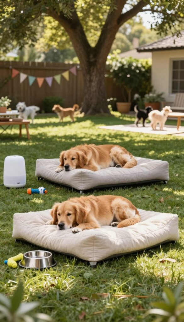 A quiet backyard zone with cozy dog beds under a shaded tree, featuring a calm golden retriever and a senior dog resting, with water bowl and toys.
