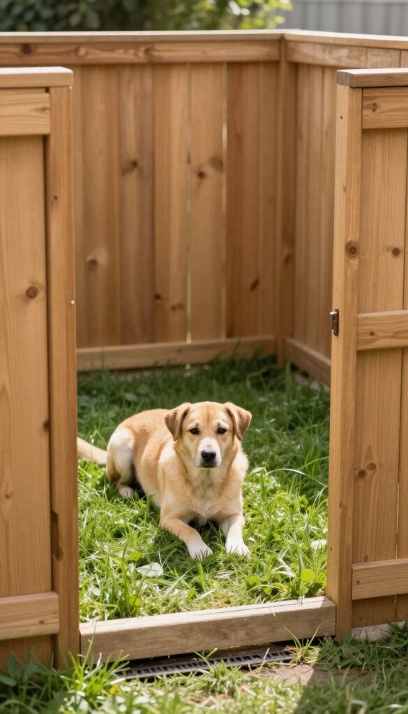 Calm dog in a privacy-fenced backyard dog run with tall solid wood fencing