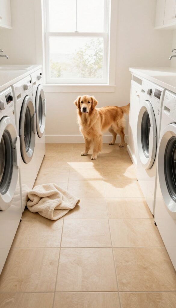 Warm laundry room with dog bathing area and heated floor, golden retriever relaxing on warm tiles