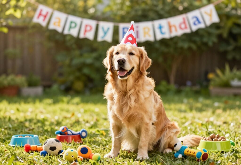 Golden retriever wearing a party hat in a backyard with birthday decorations and dog toys.