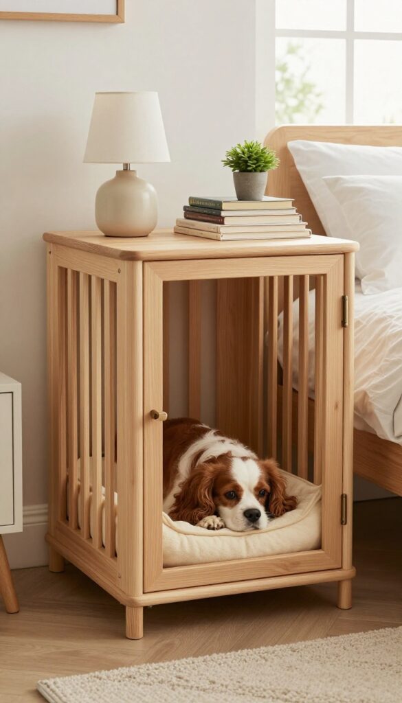 Dog crate used as a nightstand in a bedroom with a lamp and books on top, a dog sleeping inside.