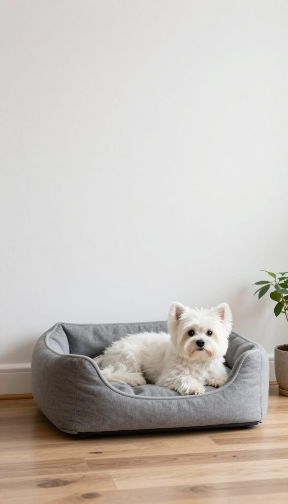 Wall-mounted dog bed with a small fluffy white dog resting inside, bright natural light, cozy room.
