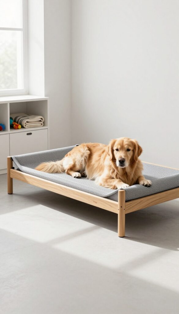 Elevated dog bed with storage drawers in a modern, bright room, with a golden retriever resting on it.