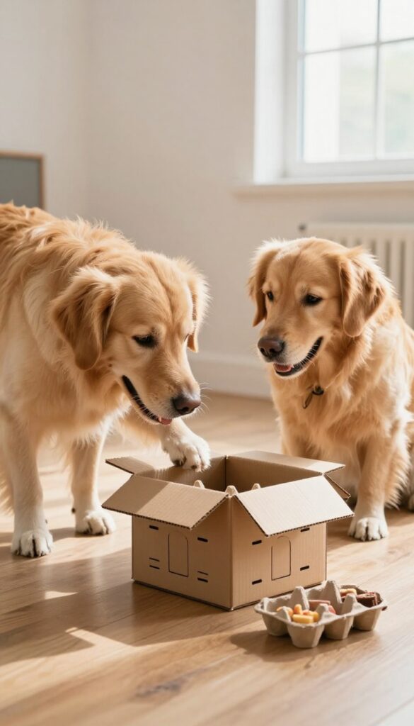 Golden retriever interacting with a DIY cardboard puzzle box filled with treats on a wooden floor