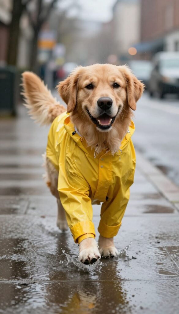 A golden retriever in a yellow raincoat and boots joyfully splashing in a puddle on a rainy day.