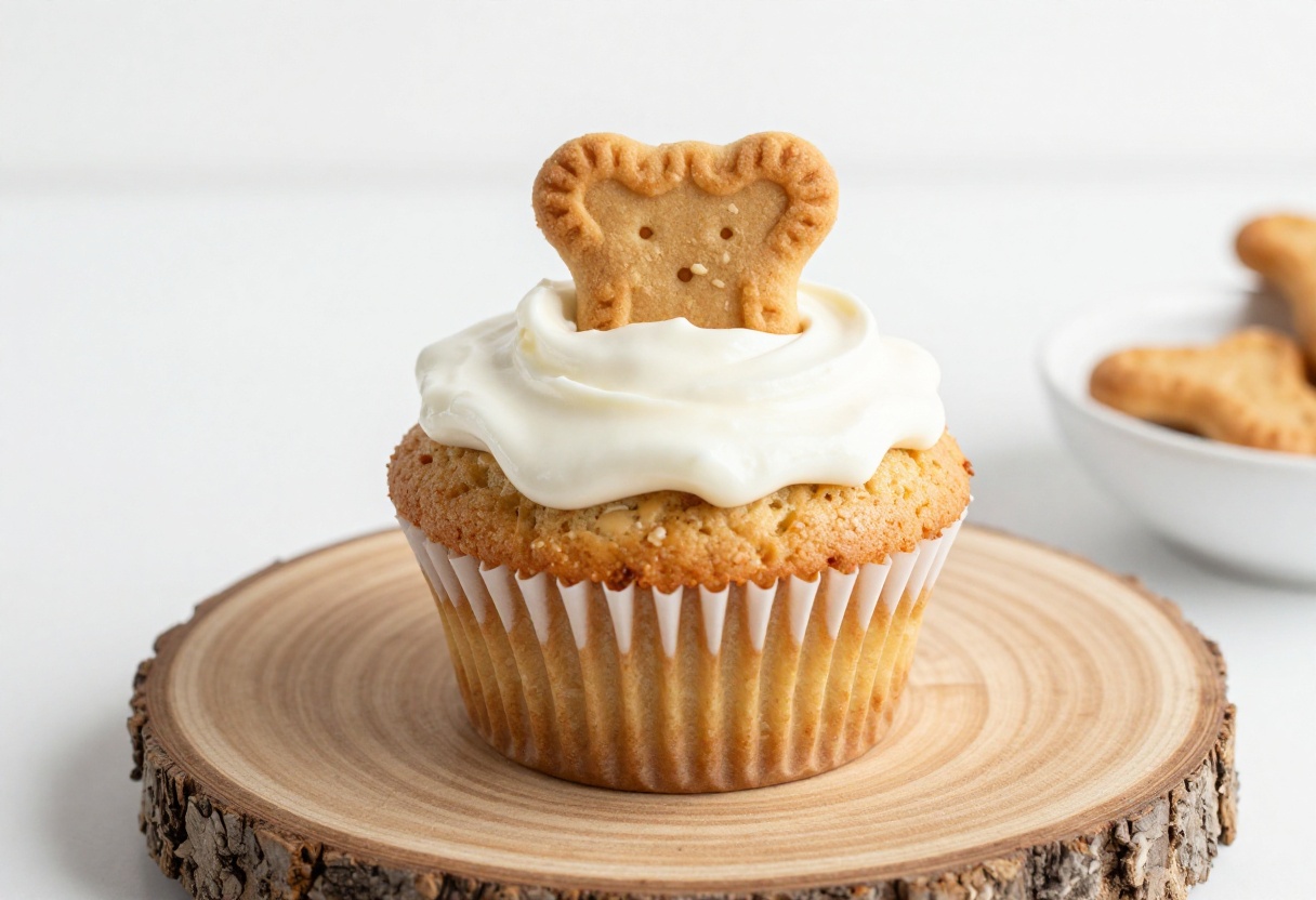 Peanut butter dog cupcake with yogurt frosting and dog biscuit topping on a wooden plate