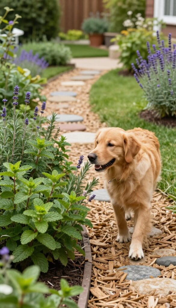 Golden retriever walking on a winding sensory path with bark, stones, and grass, bordered by fragrant herbs in a sunny backyard.