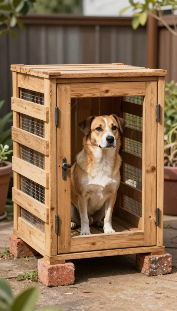 Repurposed wooden shipping crate dog kennel in a small yard