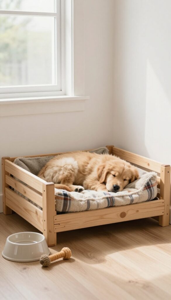 Cozy dog nap nook with a sleeping golden retriever puppy in a crate with soft bed and blanket, water bowl and toys nearby, bright natural light.