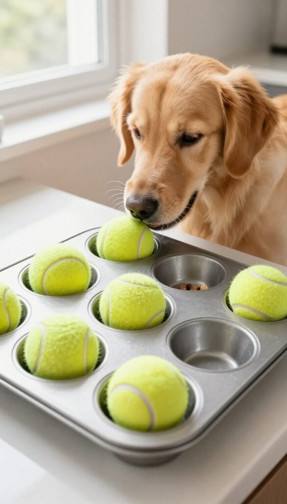 A golden retriever sniffs and paws at a muffin tin puzzle with tennis balls hiding treats on a kitchen counter.