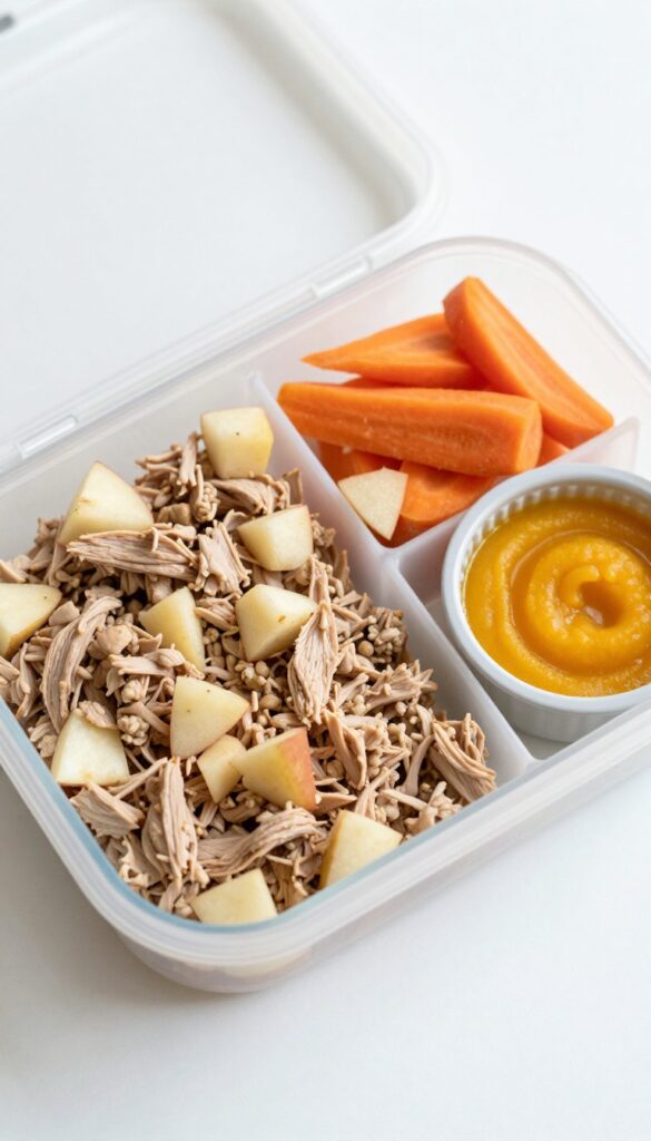 Dog bento box with ground turkey, apple chunks, steamed carrot slices, and pumpkin puree in separate compartments.