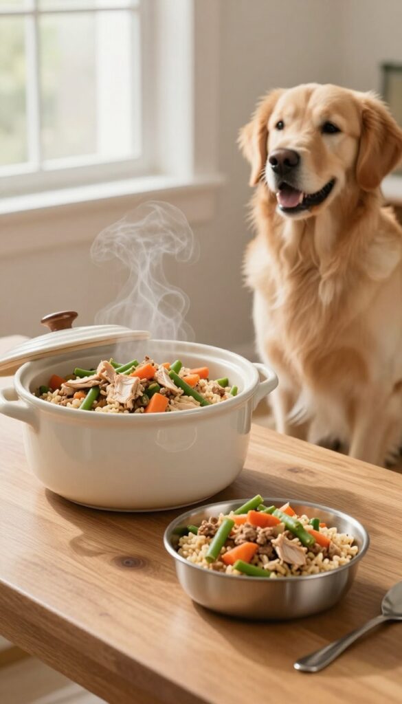 Homemade turkey and green bean dog meal in a crockpot with a dog nearby