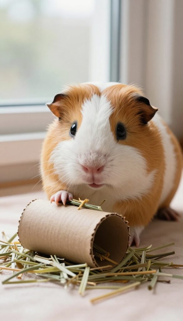Guinea pig playing with a toilet paper tube treat dispenser filled with hay