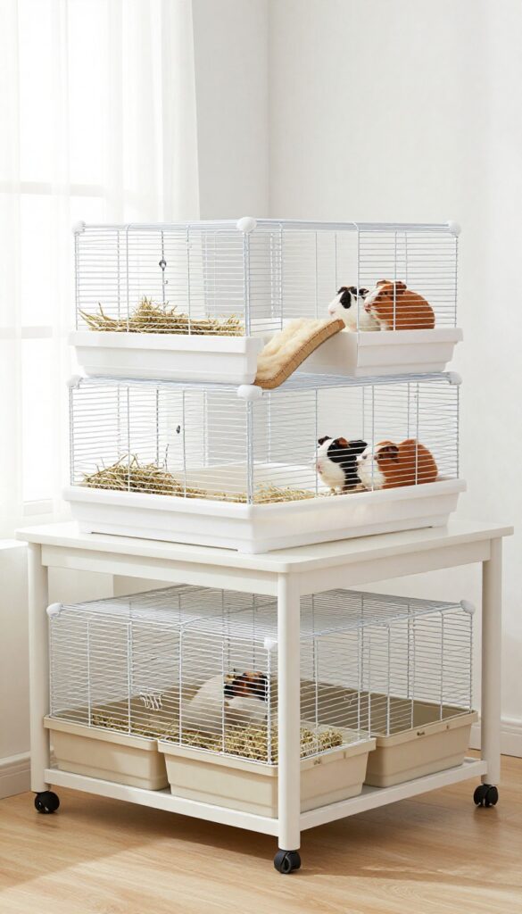 Multi-level C&C cage with guinea pigs on ramps and storage bins underneath