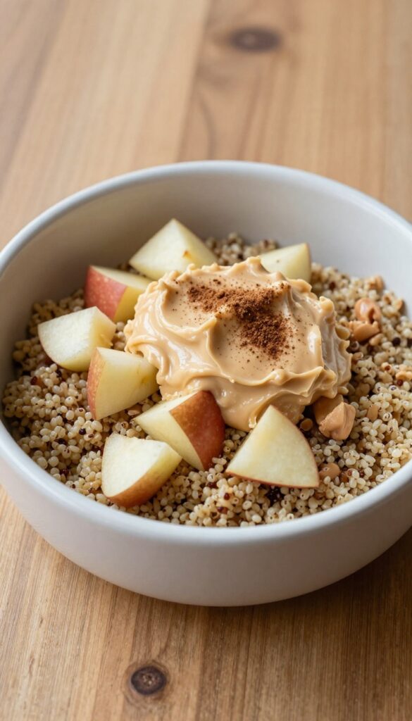 Dog breakfast bowl with quinoa, diced apple, and peanut butter