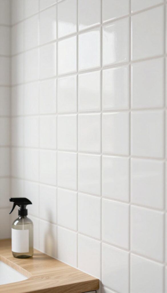 Close-up of clean white subway tiles with light gray grout lines, a spray bottle on a wooden countertop, bright natural light, no text.