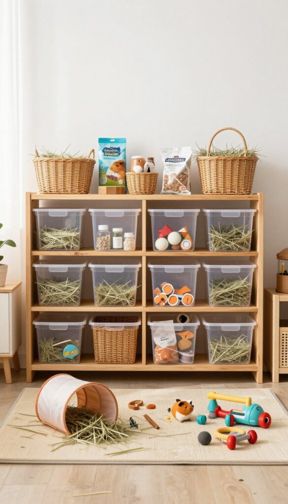 Wall-mounted shelves above a guinea pig cage holding organized supplies in clear bins and baskets, with a play zone on the floor below.