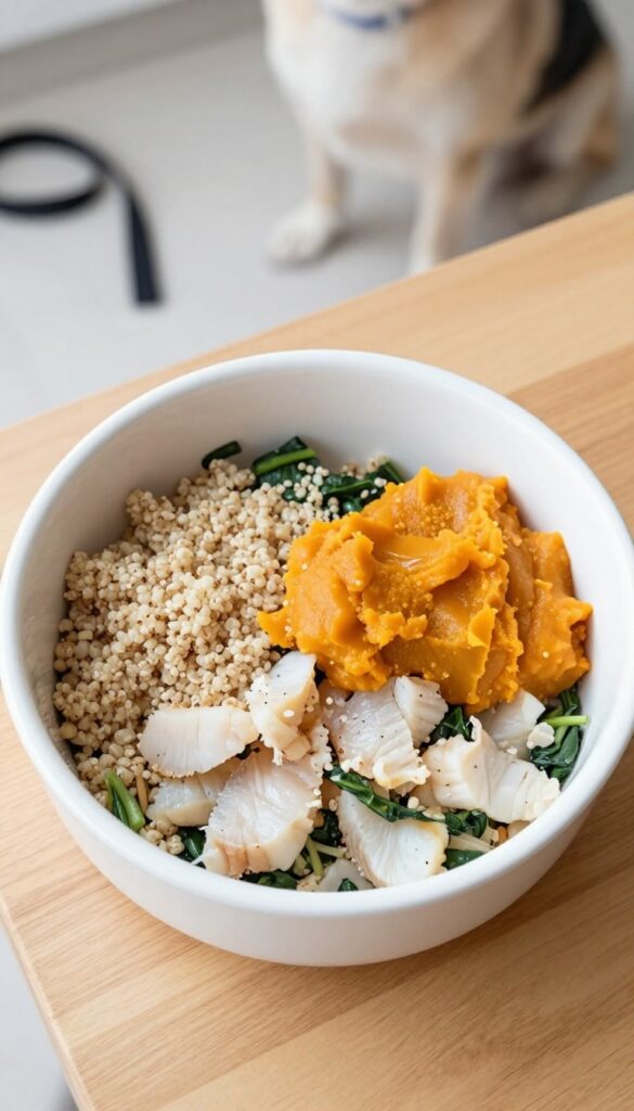 Homemade pollock and spinach quinoa dog food bowl with pumpkin puree on a wooden table, natural light, photorealistic pet food photography.