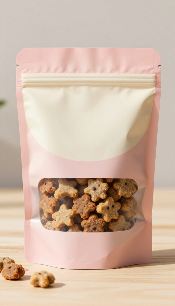 Matte finish resealable stand-up pouch with dog treats, die-cut window, blush pink and cream colors, on wooden surface.