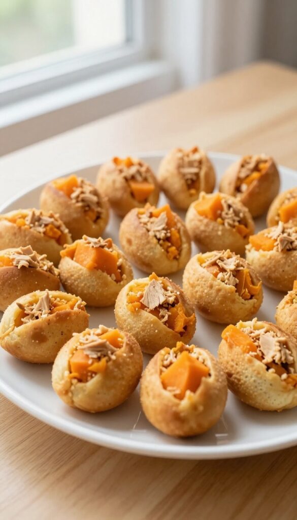 Homemade sweet potato and turkey egg bites for dogs arranged on a white plate, natural lighting.